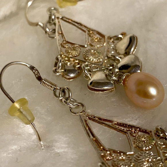 💝Sterling Silver 925 Chandelier Heart Earrings Pale Pink Pearl - Picture 2 of 5